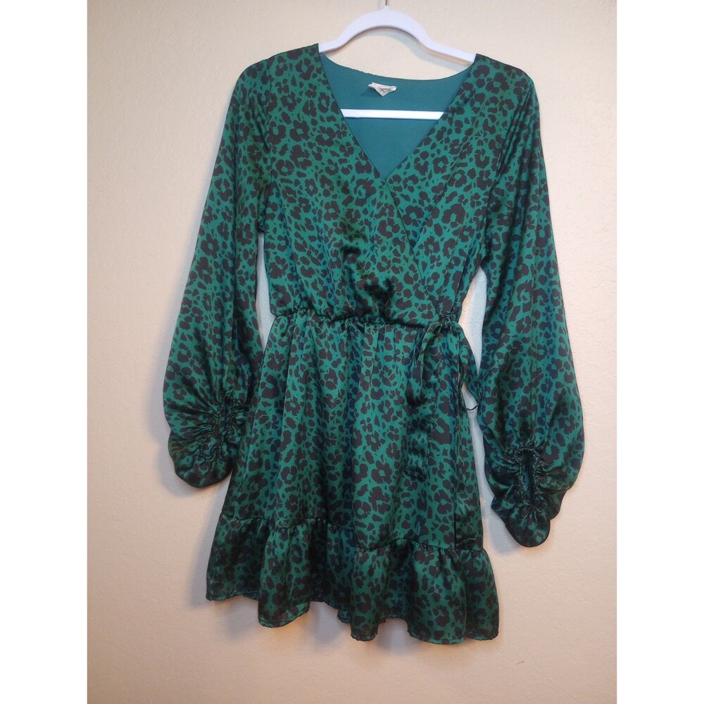 Peach Lane Dress Green and Black Leopard Animal Print Size Small